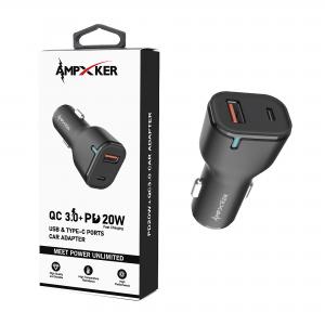 Ampxker CAR - USB & Type C - Dual Port - Adapter - QC 3.0 Amp + PD 20W - Black