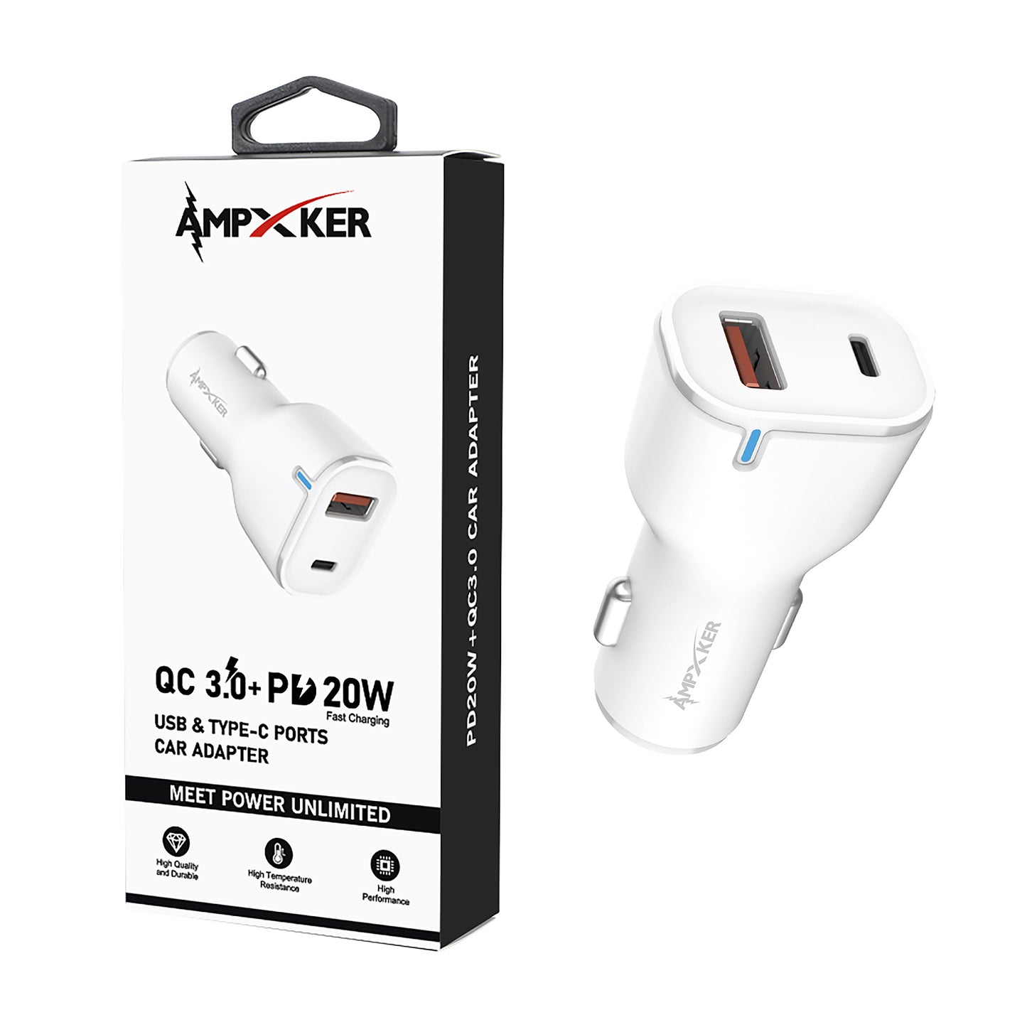 Ampxker CAR - USB & Type C - Dual Port - Adapter - QC 3.0 Amp + PD 20W - White