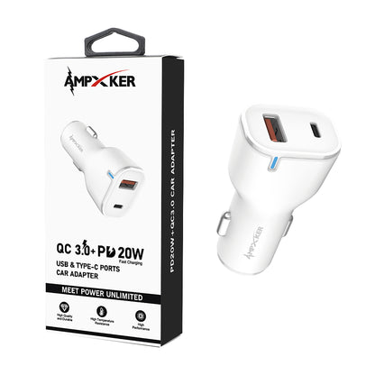 Ampxker CAR - USB & Type C - Dual Port - Adapter - QC 3.0 Amp + PD 20W - White